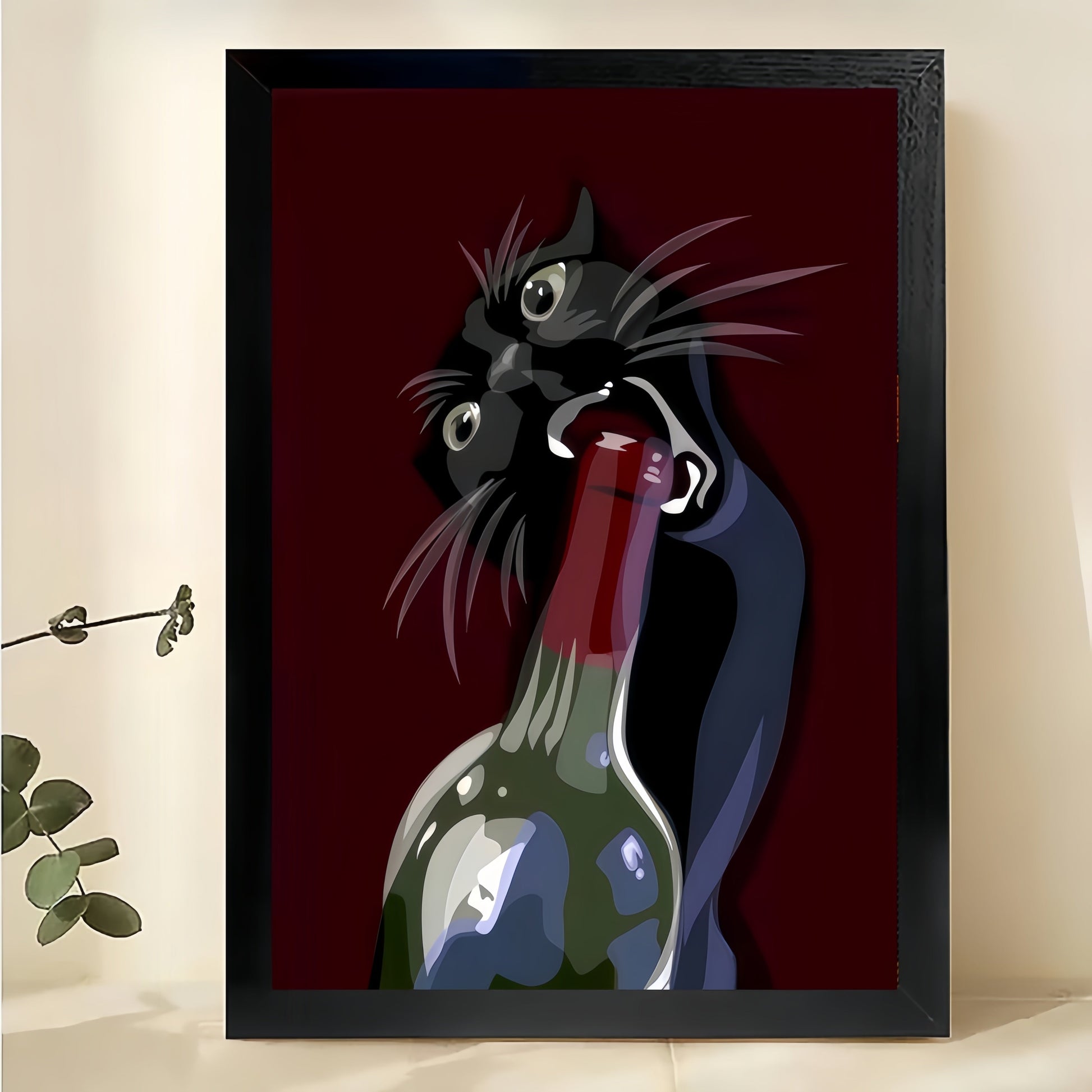 The Wine-Bottle-Opening Black Cat – Retro Luxe Wall Art on Natural Wood Canvas