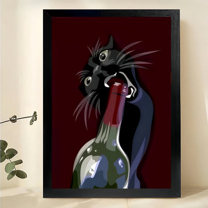 The Wine-Bottle-Opening Black Cat – Retro Luxe Wall Art on Natural Wood Canvas
