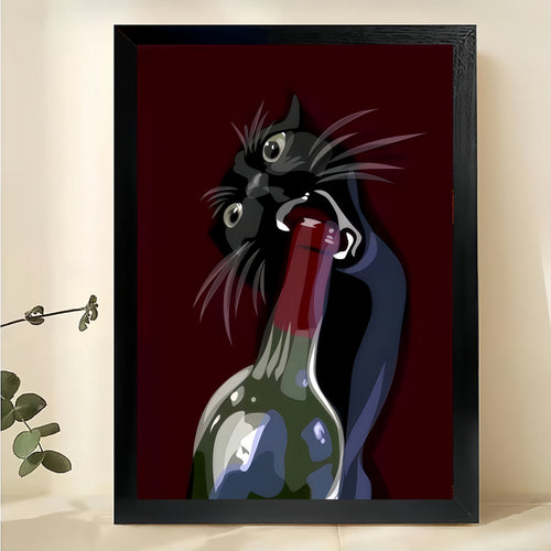 The Wine-Bottle-Opening Black Cat – Retro Luxe Wall Art on Natural Wood Canvas