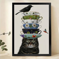 Cat Balancing Teacups Wall Art - Whimsical Kitchen Canvas Print