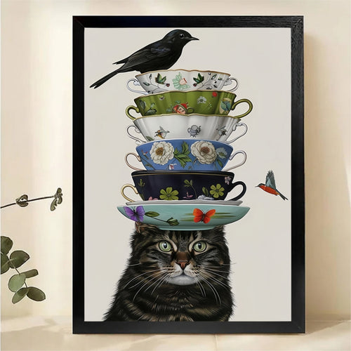 Cat Balancing Teacups Wall Art - Whimsical Kitchen Canvas Print