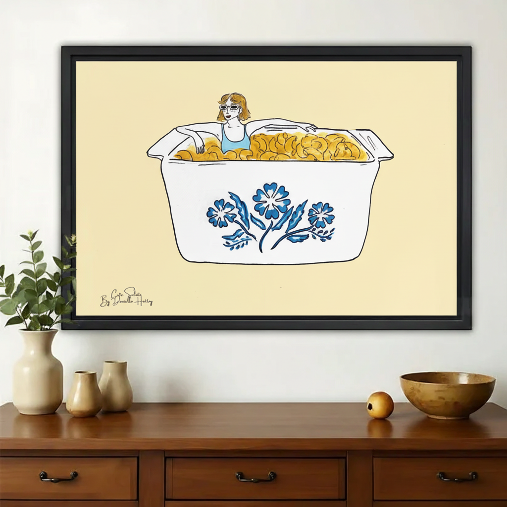 Girl Bathing in Mac & Cheese Wall Art – Funny Surrealist Illustration Canvas Print on Natural Wood Frame