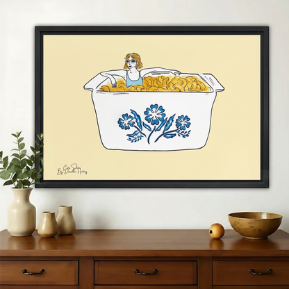 Girl Bathing in Mac & Cheese Wall Art – Funny Surrealist Illustration Canvas Print on Natural Wood Frame