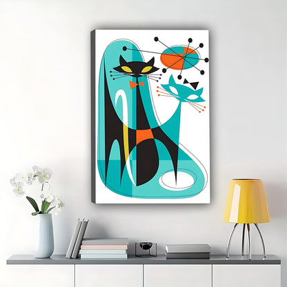 The Abstract Geometric Black Cat – Modern Feline Wall Art on Natural Wood Grain Canvas