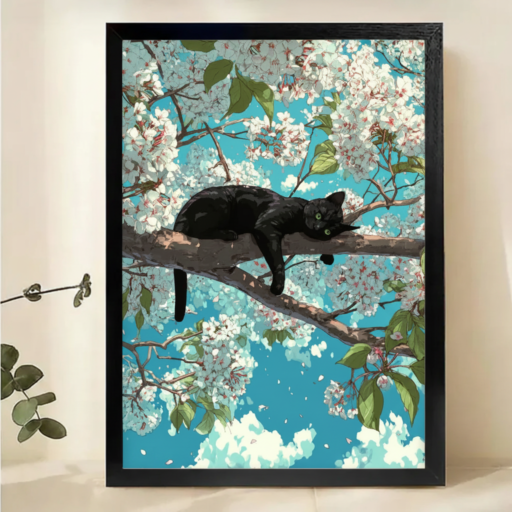 Black Cat Lounging in Cherry Blossom Tree Wall Art – Dreamy Anime-Style Canvas Print on Natural Wood Frame