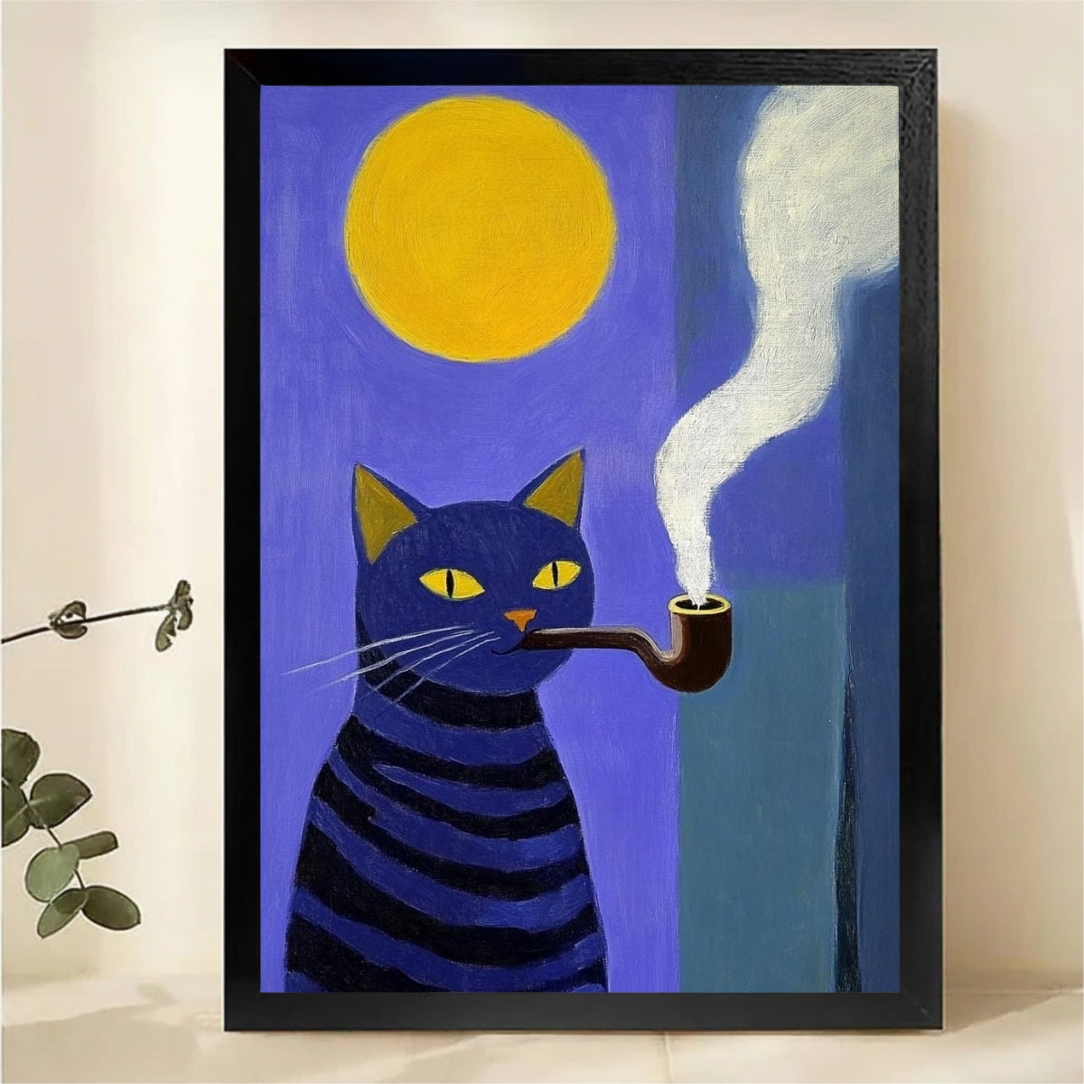 Blue Striped Cat Smoking Pipe Under Full Moon Wall Art - Bold Folk Art Canvas Print