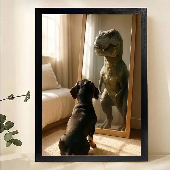 Dog Meets Dinosaur Framed Wall Art – Whimsical Animal Print for Home Decor