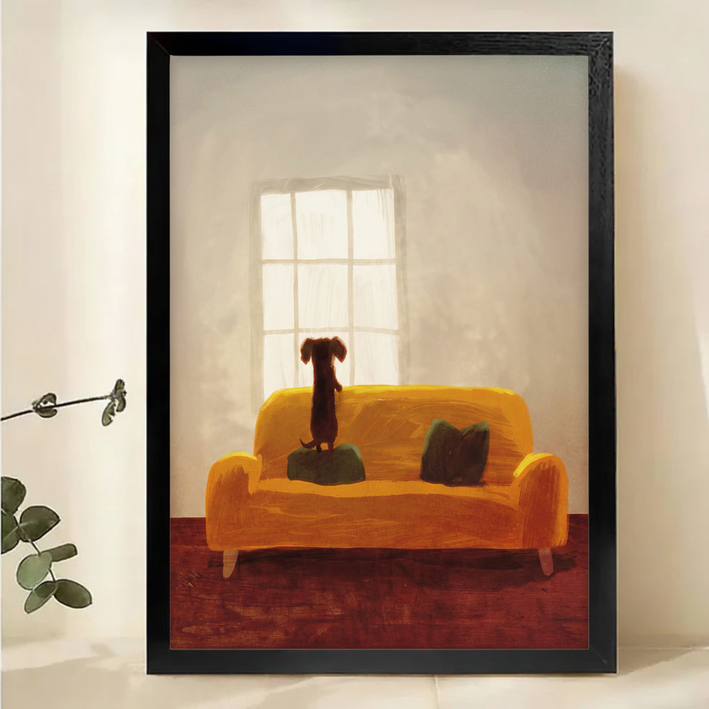 Cozy Dachshund on Sofa Wall Art – Warm Home Scene Dog Canvas Print on Natural Wood Frame