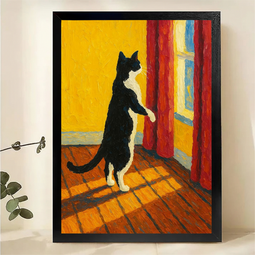 Cat Looking Out Window Wall Art - Warm Oil Painting Print