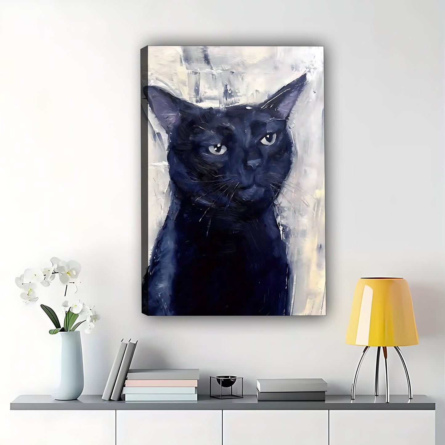 Black Cat Portrait Canvas - Modern Minimalist Animal Wall Art