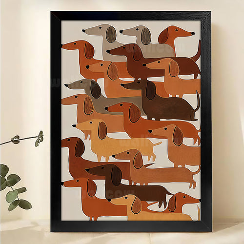 The Stacked Dachshund Crew – Abstract Retro Wall Art on Natural Wood Canvas