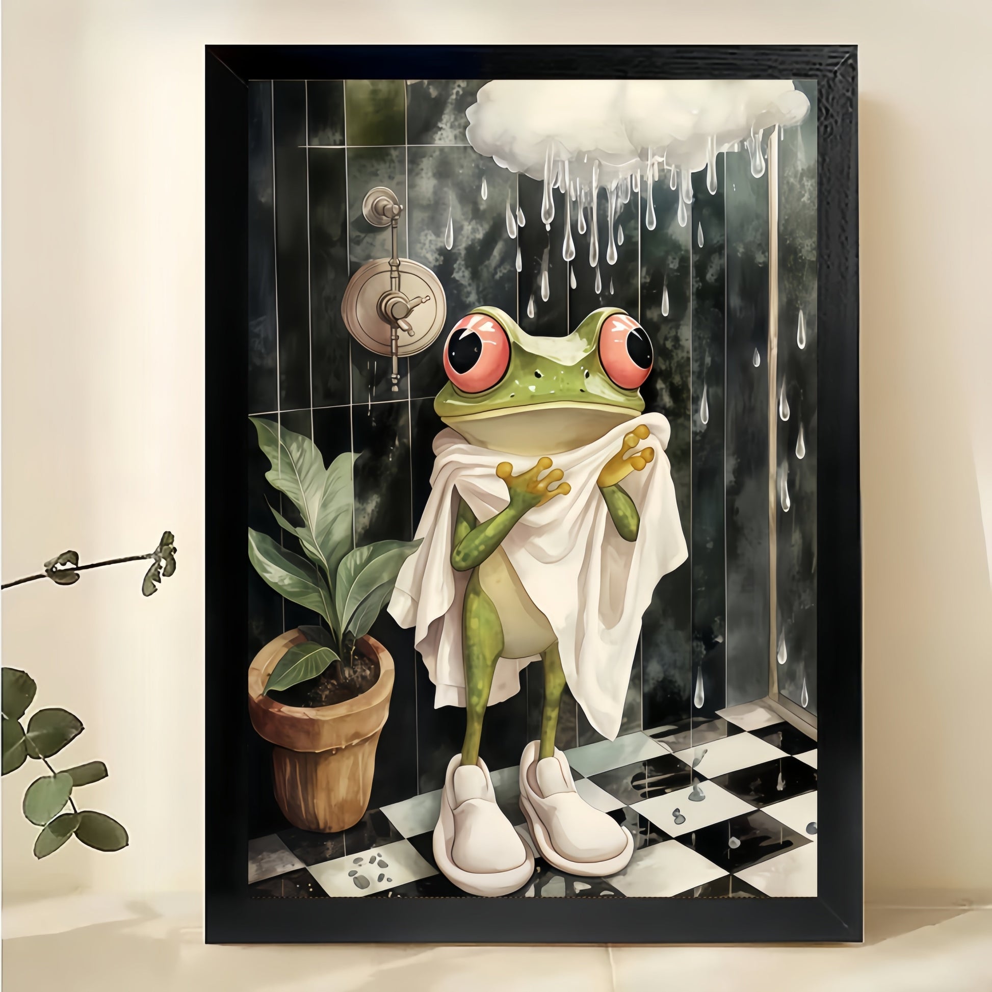 The Rainy-Day Cozy Frog – Retro Playful Wall Art on Natural Wood Canvas