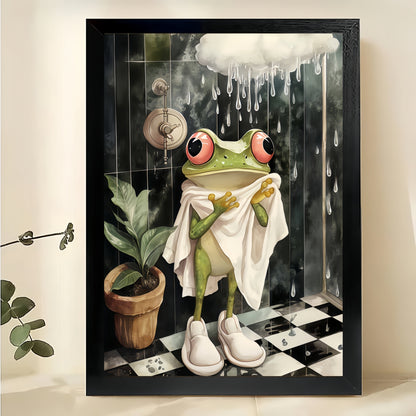 The Rainy-Day Cozy Frog – Retro Playful Wall Art on Natural Wood Canvas