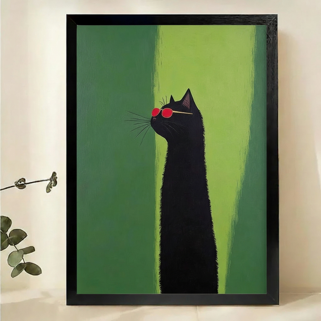 Cool Black Cat with Red Sunglasses Wall Art – Minimalist Pop Art Canvas Print on Natural Wood Frame