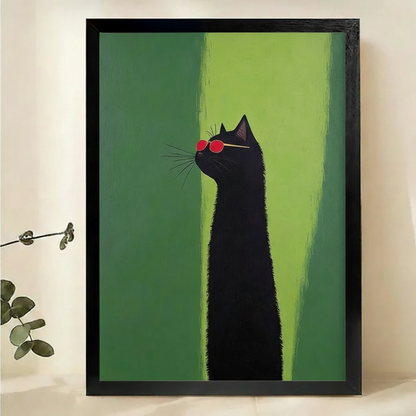 Cool Black Cat with Red Sunglasses Wall Art – Minimalist Pop Art Canvas Print on Natural Wood Frame