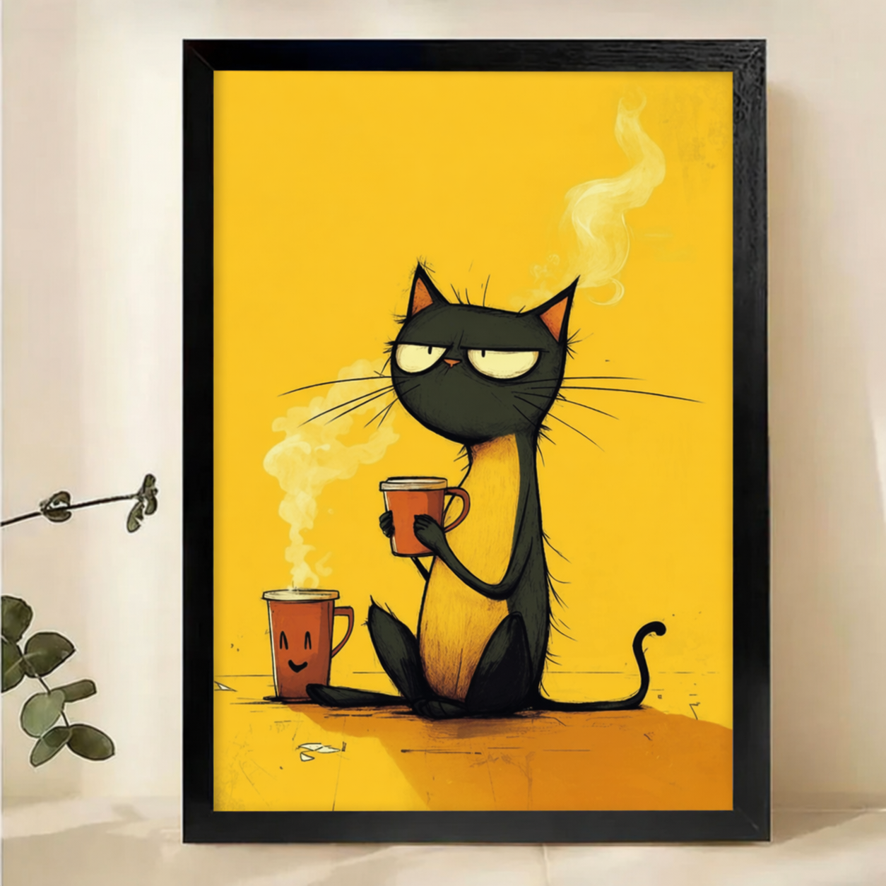 Grumpy Black Cat with Coffee Wall Art – Funny Morning Cat Canvas Print on Natural Wood Frame