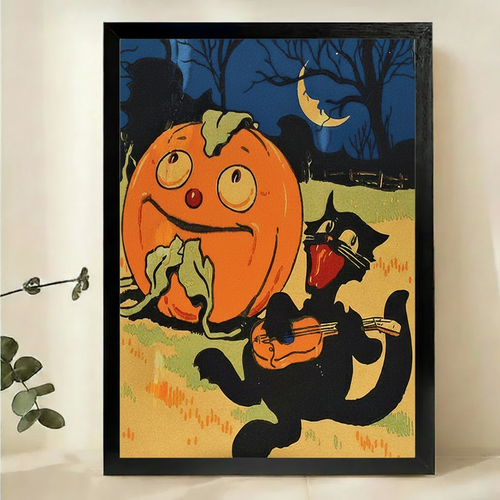 Halloween Pumpkin & Black Cat Wall Art – Vintage Whimsical Canvas Print on Natural Wood Frame