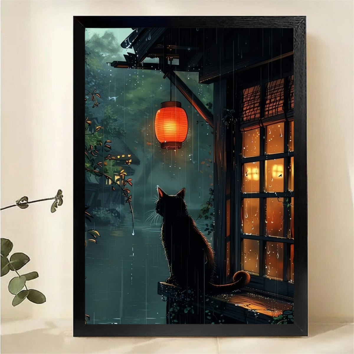 Cat in Rainy Window Wall Art - Asian Lantern Canvas Print