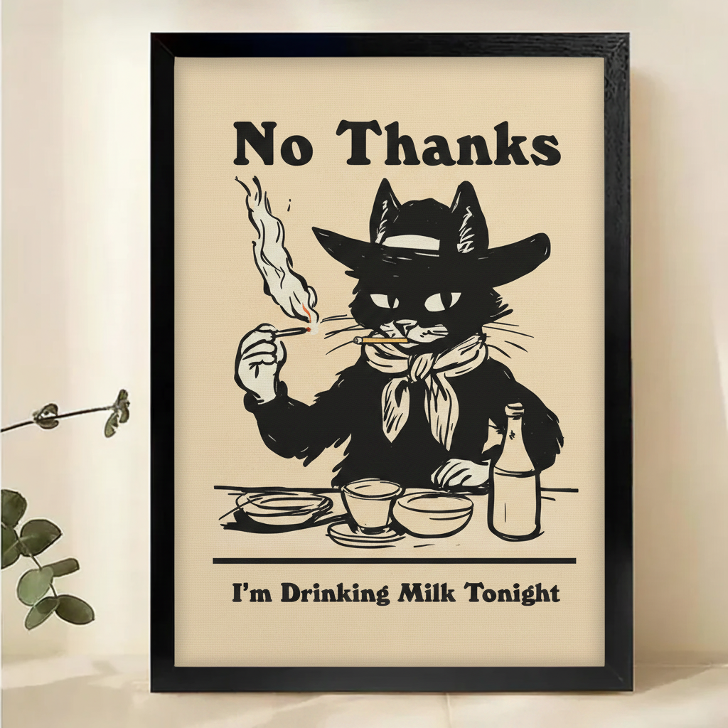 Cowboy Cat "No Thanks I'm Drinking Milk" Wall Art – Funny Retro Cat Canvas Print on Natural Wood Frame