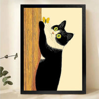 Black Cat with Butterfly Art Print - Framed Wall Decor Canvas Wall Art