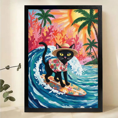Surfing Cat Art - Tropical Beach Paradise Wall Decor Canvas Wall Art