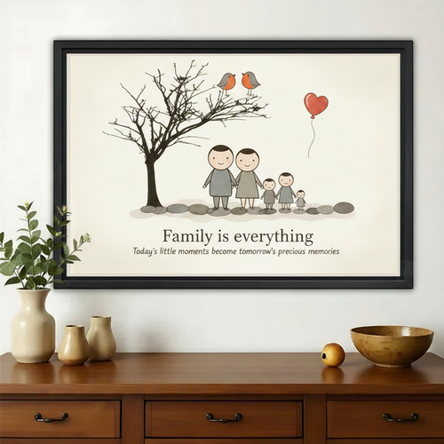 Family is Everything Wall Art – Heartwarming Minimalist Canvas Print on Natural Wood Frame