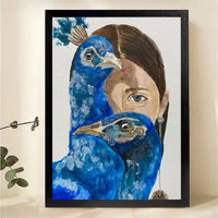 Woman with Peacock Wall Art - Blue Surreal Portrait Canvas Print
