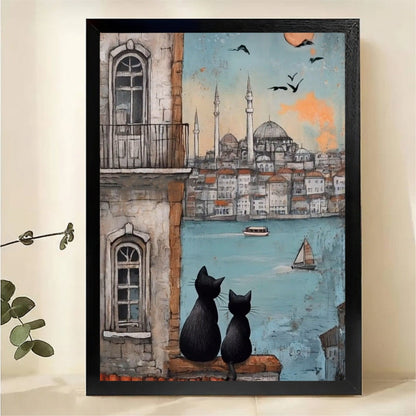 Istanbul Cats Balcony View Wall Art - Mosque Skyline Canvas Print