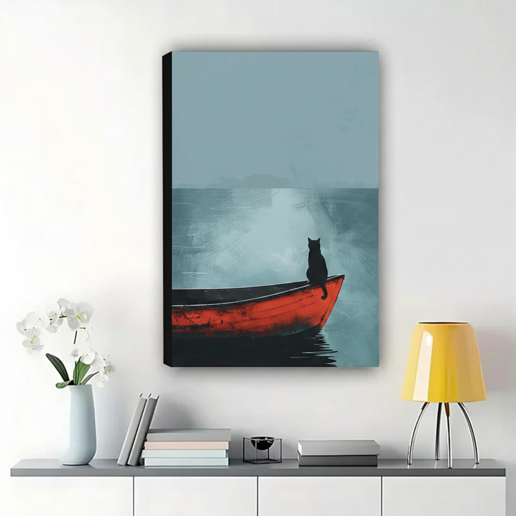 Black Cat on a Red Boat in the Mist Wall Art – Cinematic Minimalist Oil Painting Canvas Print on Natural Wood Frame