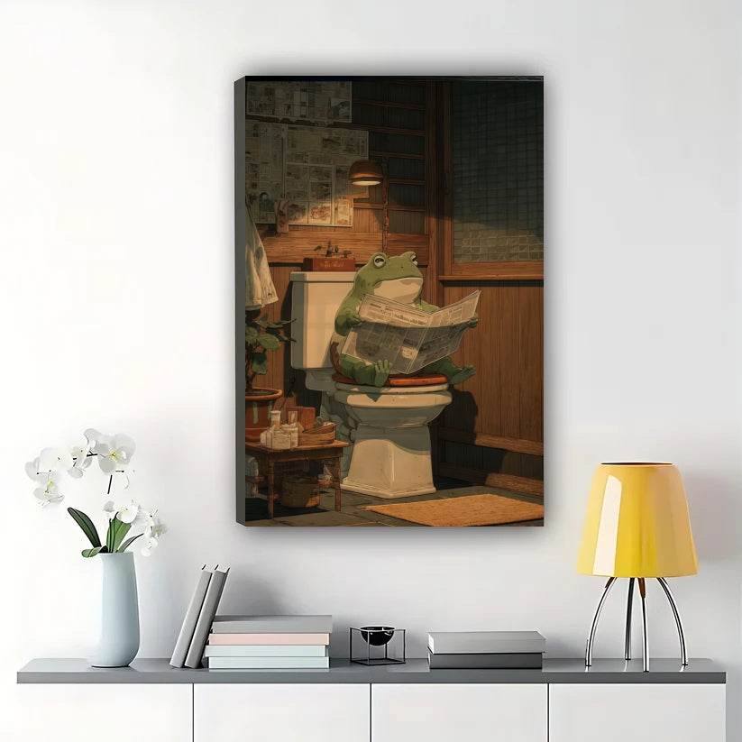 Frog Reading Newspaper on Toilet – Humorous Vintage Bathroom Wall Art on Natural Wood Canvas