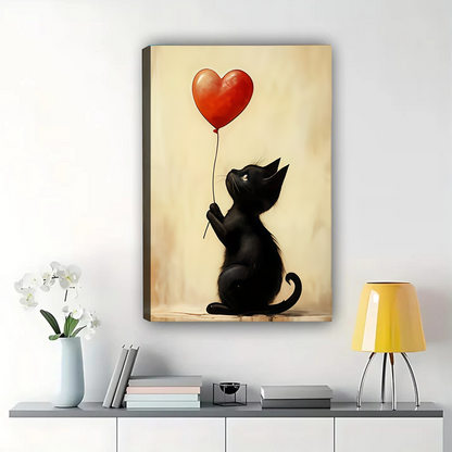 Black Cat Heart Balloon Print - Cat Lover Gift Canvas Wall Art
