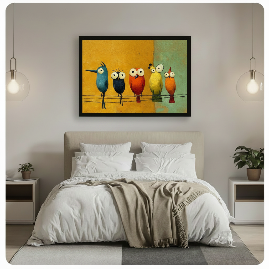 Colorful Cartoon Birds on Wire Canvas Wall Art