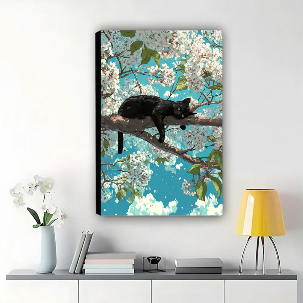 Black Cat Lounging in Cherry Blossom Tree Wall Art – Dreamy Anime-Style Canvas Print on Natural Wood Frame