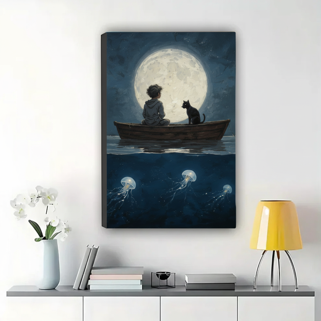 Boy and Black Cat on a Moonlit Boat Wall Art – Dark Fantasy Canvas Print on Natural Wood Frame