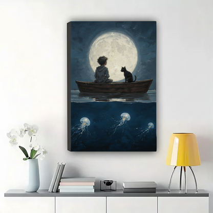Boy and Black Cat on a Moonlit Boat Wall Art – Dark Fantasy Canvas Print on Natural Wood Frame