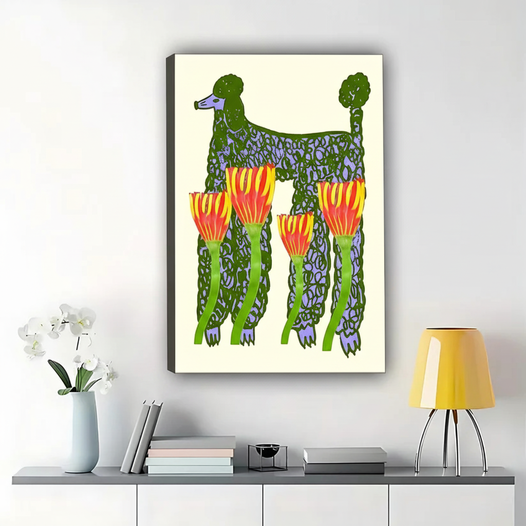 Whimsical Dog with Tulip Floral Illustration – Playful Nature Wall Art on Natural Wood Canvas