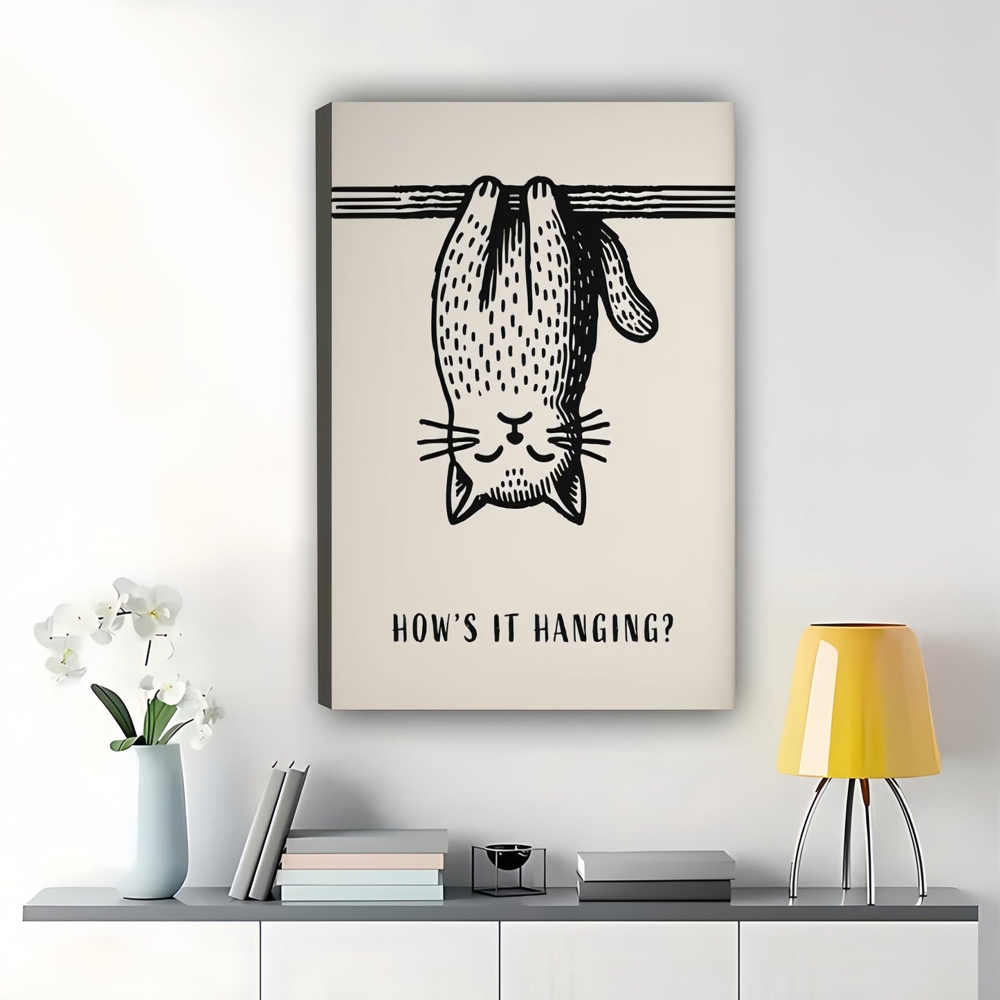 How’s It Hanging? Upside-Down Cat – Humorous Minimalist Wall Art on Natural Wood Canvas