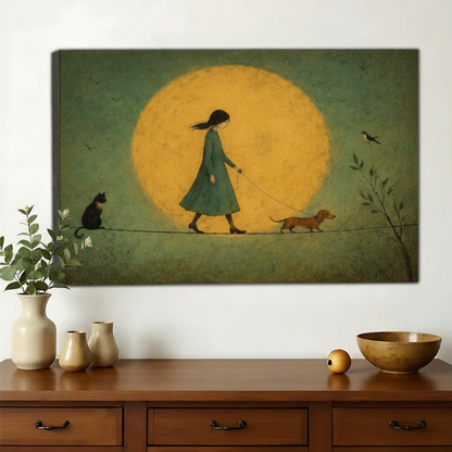 Girl Walking Dog Under the Moon Wall Art – Dreamy Vintage Canvas Print on Natural Wood Frame