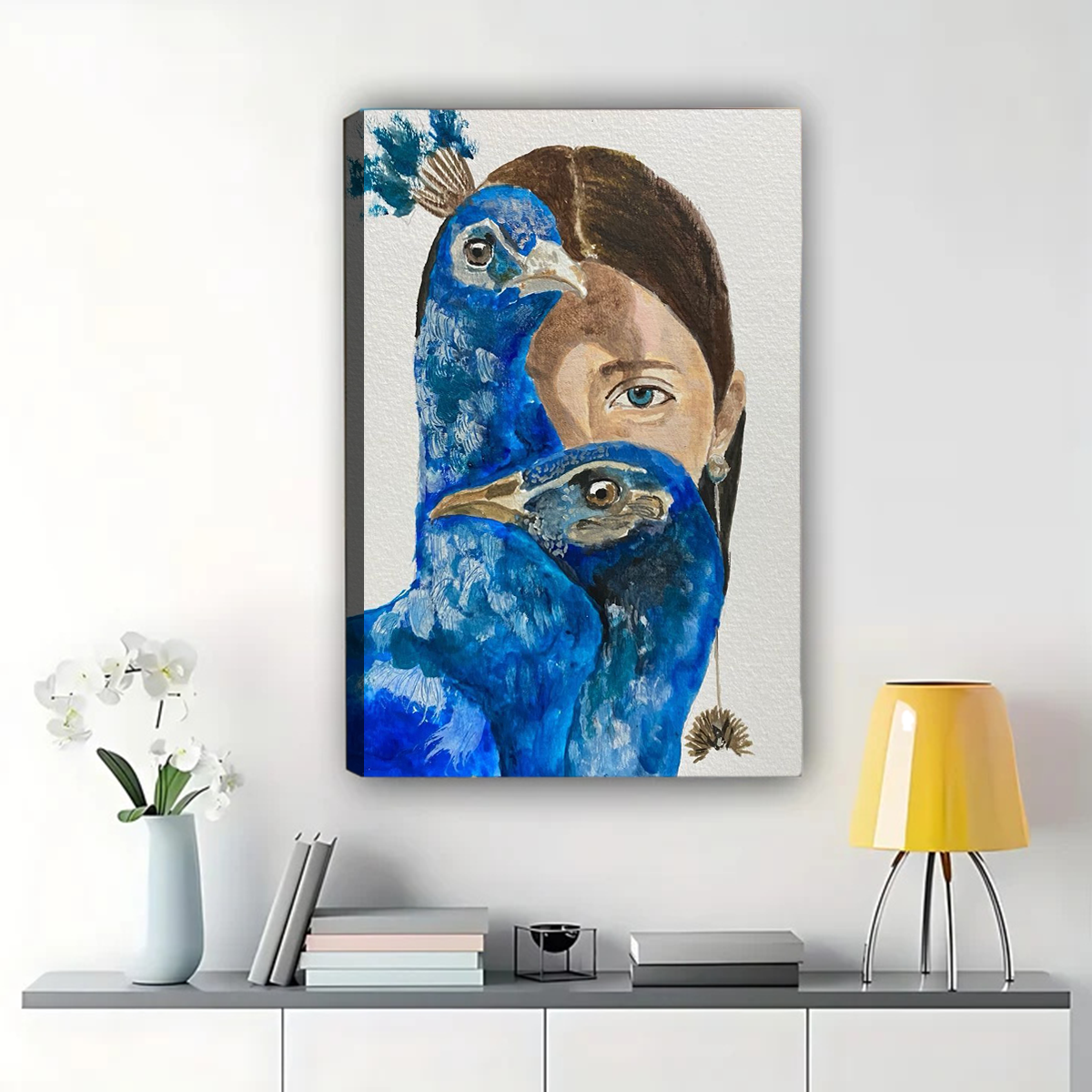 Woman with Peacock Wall Art - Blue Surreal Portrait Canvas Print