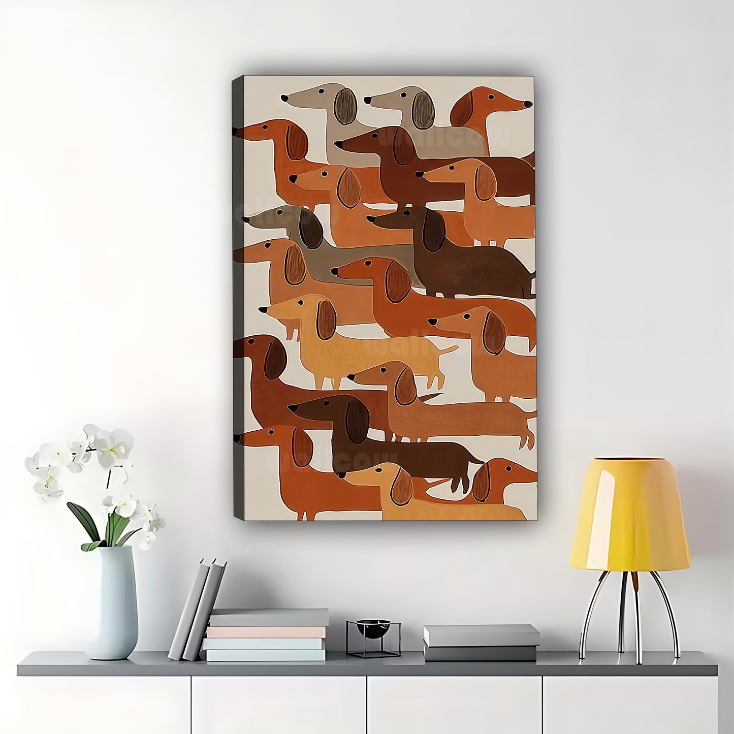 The Stacked Dachshund Crew – Abstract Retro Wall Art on Natural Wood Canvas