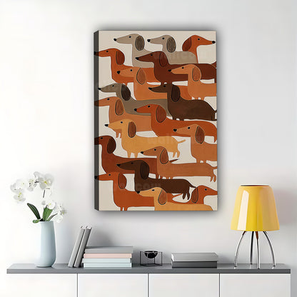 The Stacked Dachshund Crew – Abstract Retro Wall Art on Natural Wood Canvas