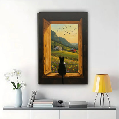 Black Cat on Window Sill Gazing at Pastoral Landscape – Cozy Country Wall Art on Natural Wood Canvas