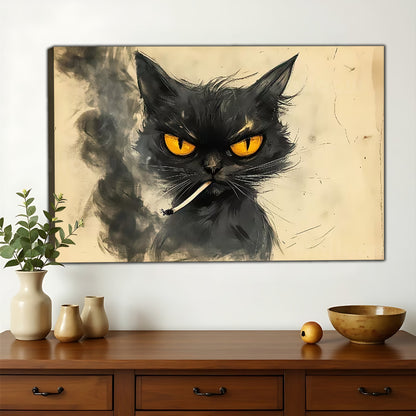 The Cigarette-Holding Cool Black Cat – Retro Edgy Wall Art on Natural Wood Canvas