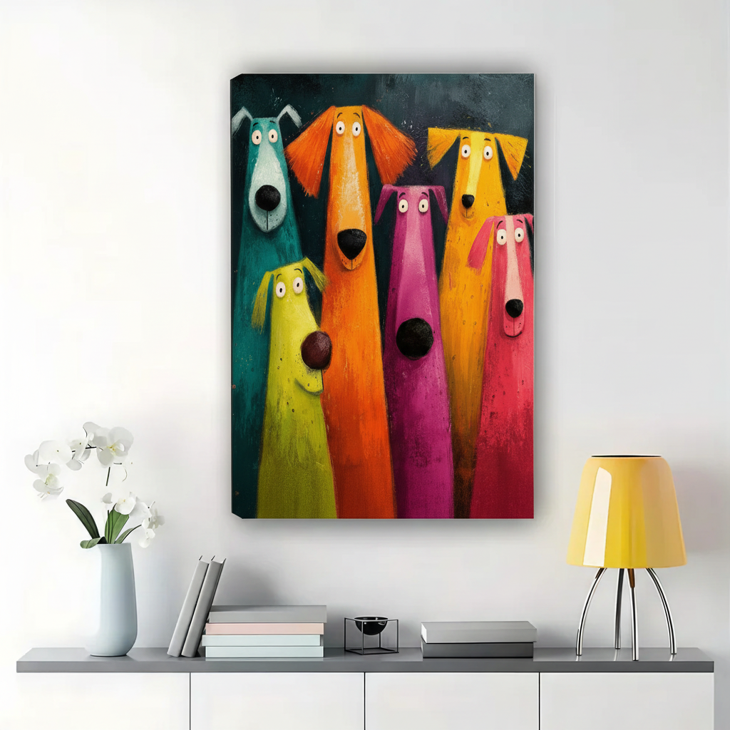 Colourful Cartoon Dogs Wall Art – Whimsical Pop Art Animal Canvas Print on Natural Wood Frame