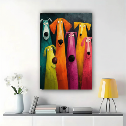 Colourful Cartoon Dogs Wall Art – Whimsical Pop Art Animal Canvas Print on Natural Wood Frame