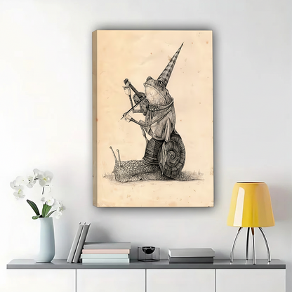 The Knight On A Snail – Vintage Whimsical Sketch Wall Art on Natural Wood Canvas