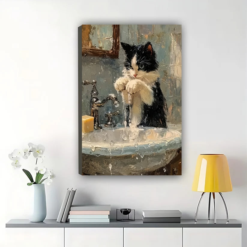 Tuxedo Cat at Sink – Vintage Oil Painting Style Cat Wall Art on Natural Wood Canvas