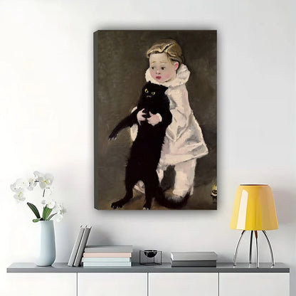 Child Holding Sassy Black Cat – Classic Art Parody Wall Art on Natural Wood Canvas