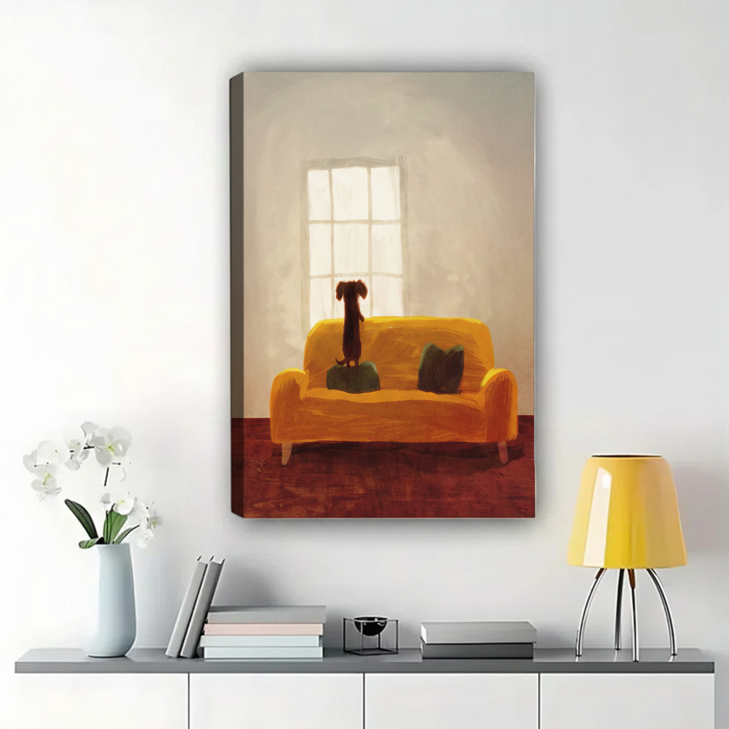 Cozy Dachshund on Sofa Wall Art – Warm Home Scene Dog Canvas Print on Natural Wood Frame