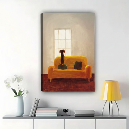 Cozy Dachshund on Sofa Wall Art – Warm Home Scene Dog Canvas Print on Natural Wood Frame